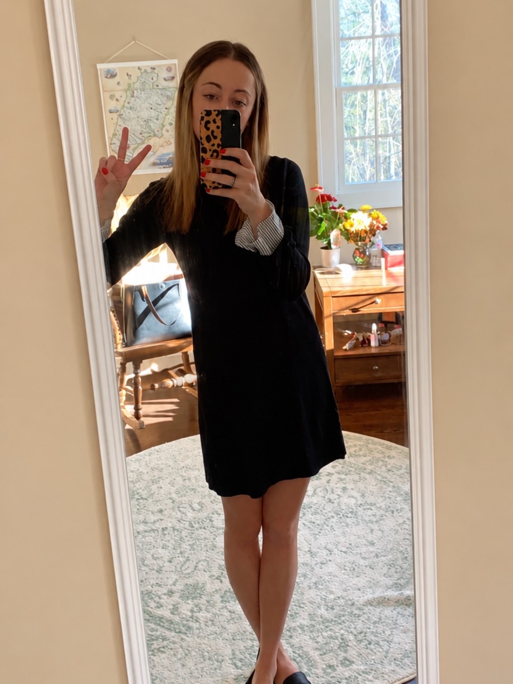 LOFT Black Mini Shift Dress with Stripe Contrast Cuffs
